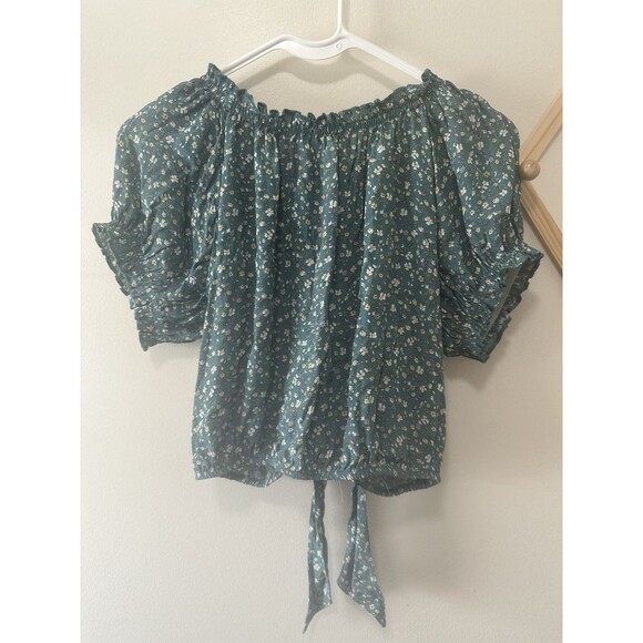 American Eagle Top Woman's Blouse Green Floral Tie Open Back Cropped Size  M New - Picture 3 of 7